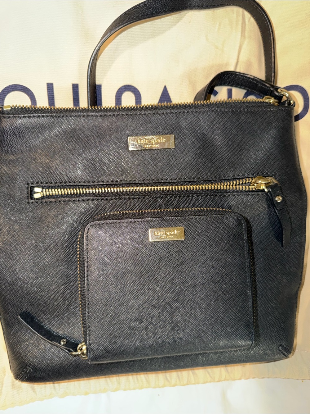 kate spade black saffiano tote with gold hardware matching wallet